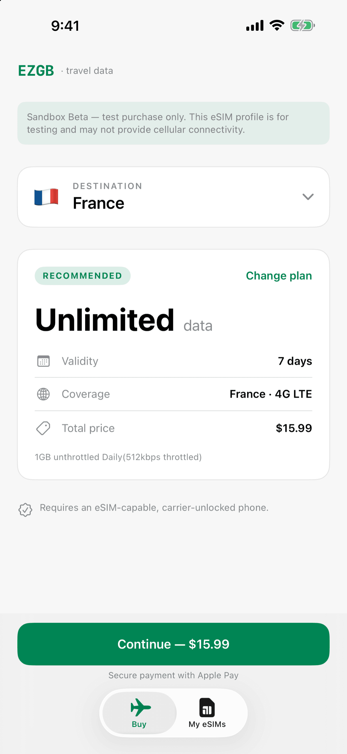 EZGB in light mode: France, unlimited data, Continue with Apple Pay
