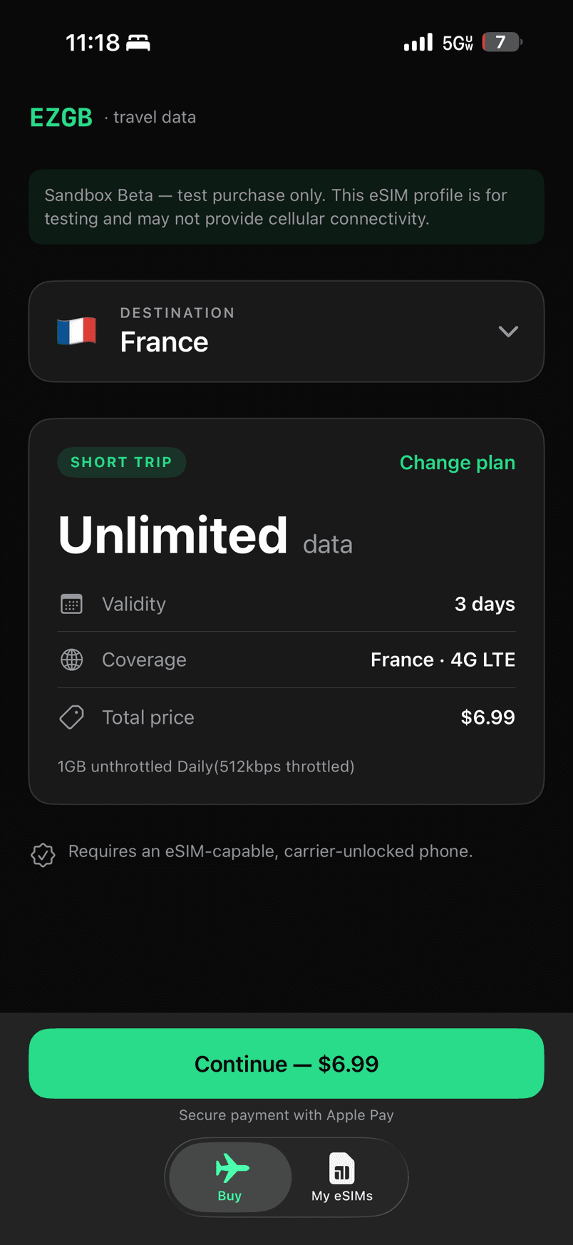 Choose a destination: France, unlimited data, continue