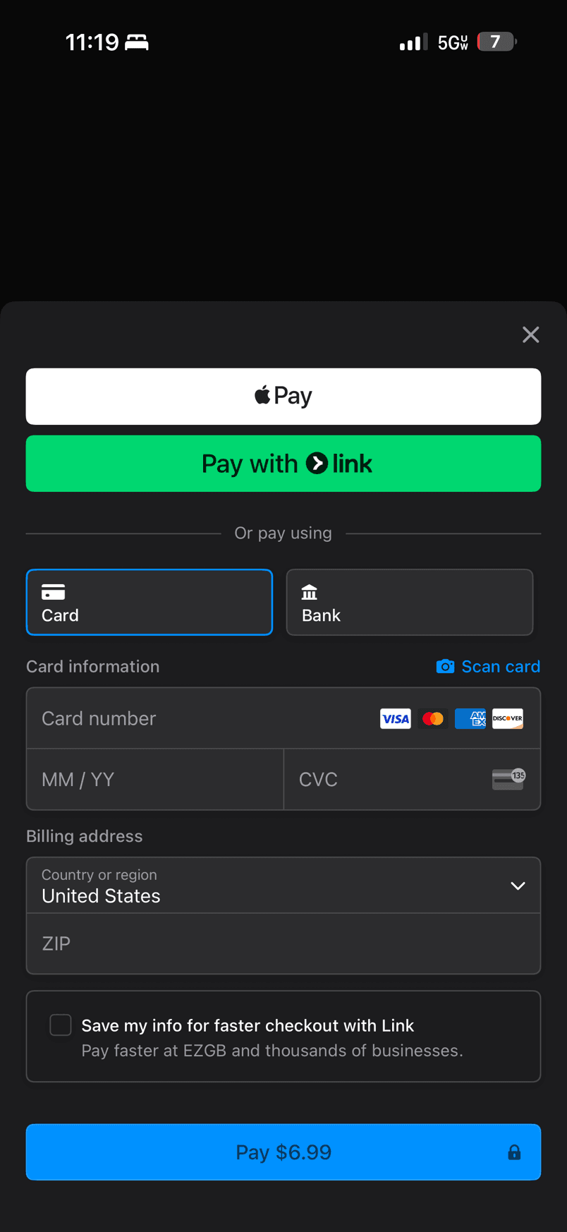 Checkout: Apple Pay, Link, card or bank