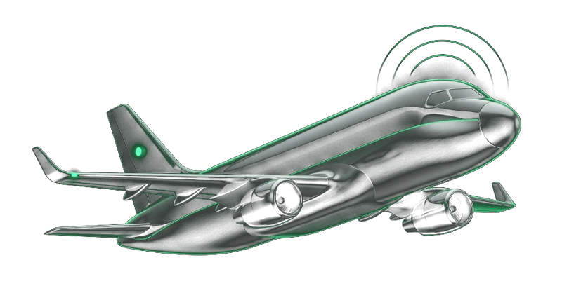 Dark glass airliner landing with green signal arcs